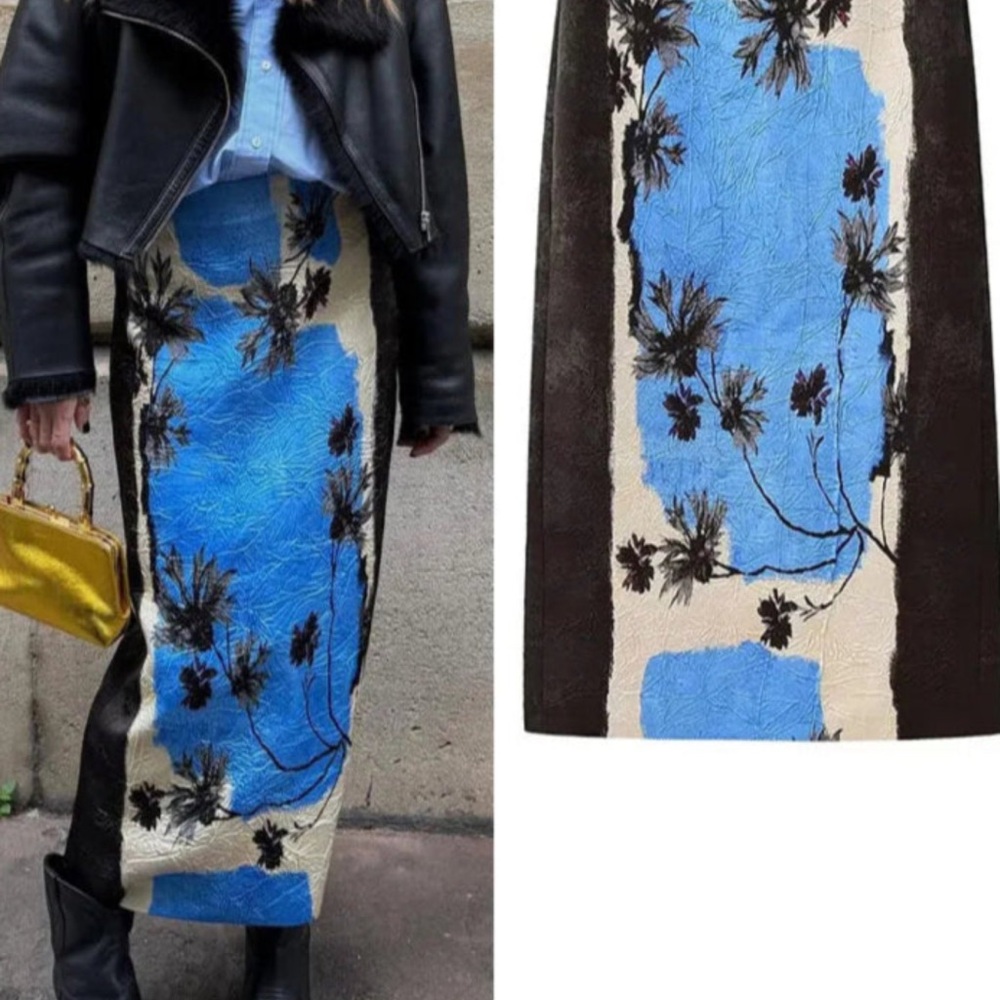 Zara Blue Black Cream Textured Midi Skirt